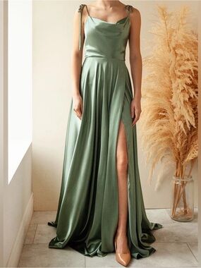 Moira Khaki | Cowl Neck Satin Maxi Dress with High Slit